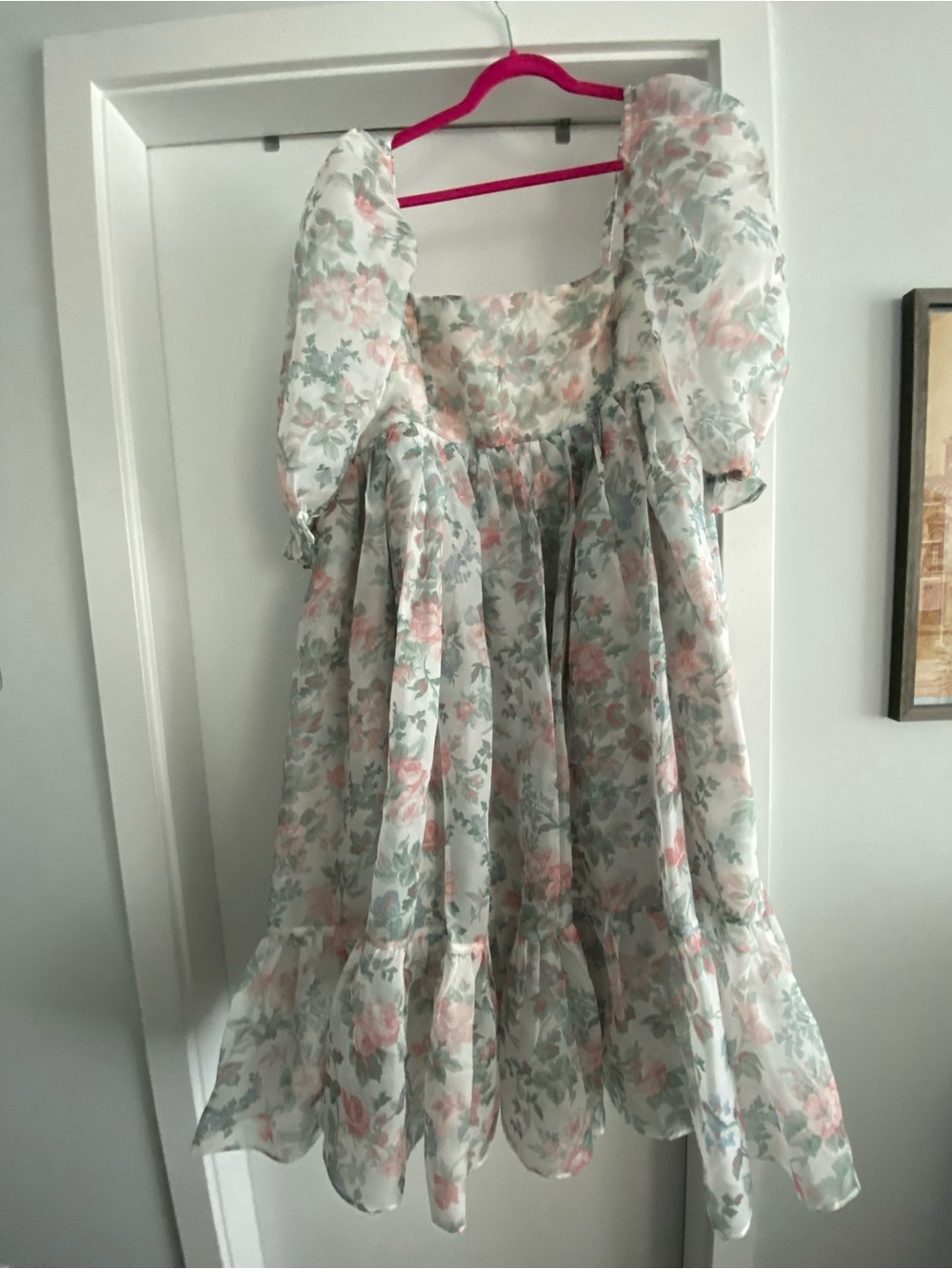 Selkie Floral Puff-Sleeve Midi Dress in Pale Pink and Sage